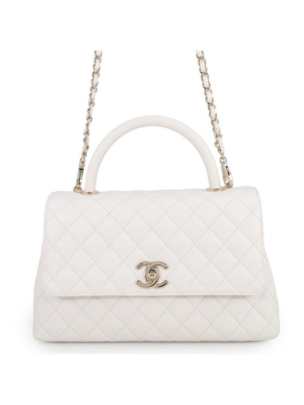 Chanel Handbag Quilted CC Logo Coco Handle Caviar Leather 2-Way White